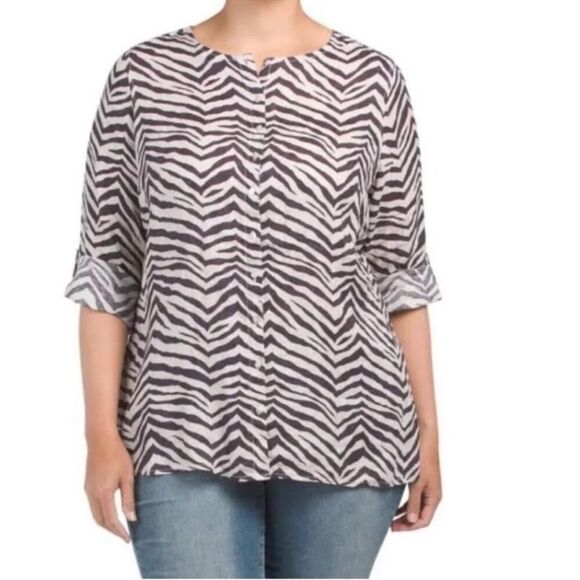 Tahari Linen Zebra Print Roll Tab Sleeve Button Down Top Tunic Size 2X - Picture 1 of 10
